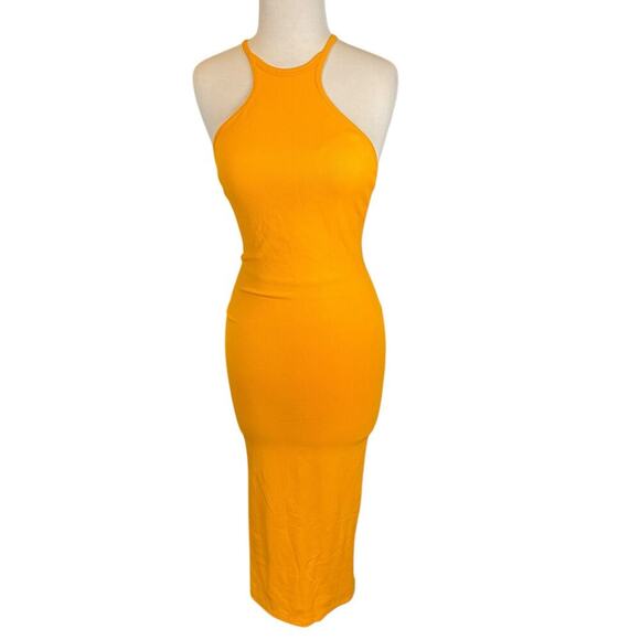 Zara Dress Mustard Yellow Midi Dress Ribbed Knit Size Small 90% Polyamide 10% El - Picture 5 of 9